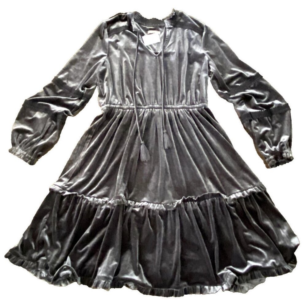 Kate Sam Grey Velvet Dress Womens L Tiered Dress Witchy Whimsygoth Boho Stretch